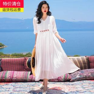 白色连衣裙女高级感仙女裙气质飘逸超仙度假风海边沙滩裙长裙7607