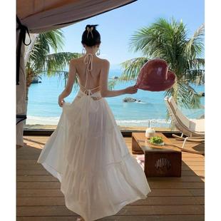 海边拍照衣服超仙白色大裙摆连衣裙 三亚沙滩裙女露背度假长裙夏季