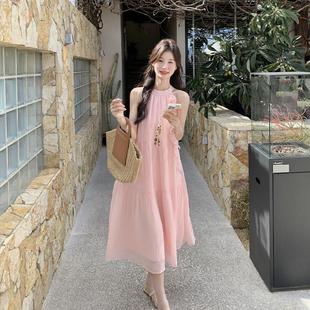 粉色无袖 超仙气质绝美海边度假沙滩裙 挂脖连衣裙女2025年夏季 新款