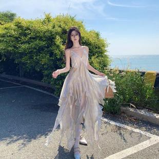 晕染印花不规则吊带连衣裙夏设计感小众仙气沙滩裙女海边度假超仙