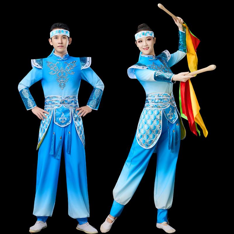 韩式秧歌服男打鼓蓝色中国演出服腰鼓锣鼓队新款服女舞龙舞狮开场