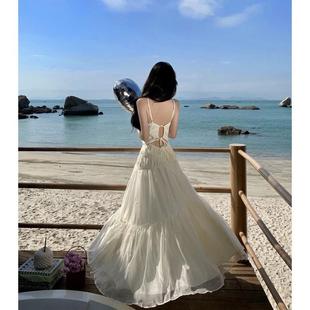 白色蝴蝶吊带连衣裙女夏晕染重工大裙摆海边度假拍照超仙绝美长裙
