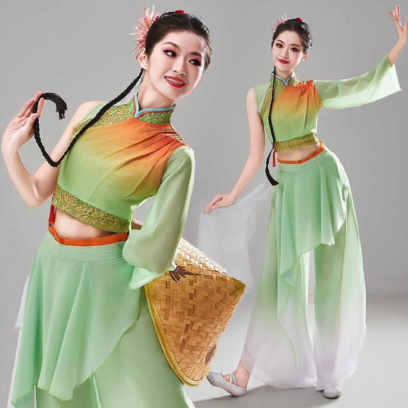 古典舞演出服女飘逸扇子舞套装胶州秧歌服心尖尖剧目斗笠舞蹈服装