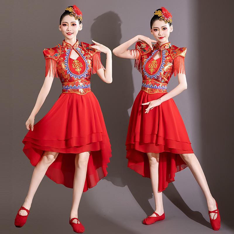 韩式喜庆旗出服演鼓服袍中国风打女民族腰鼓表演现代开场舞蹈服装