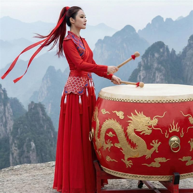 韩式鼓舞中国喜庆风红打鼓会女象王行扇子舞舞龙狮开场舞年演出服