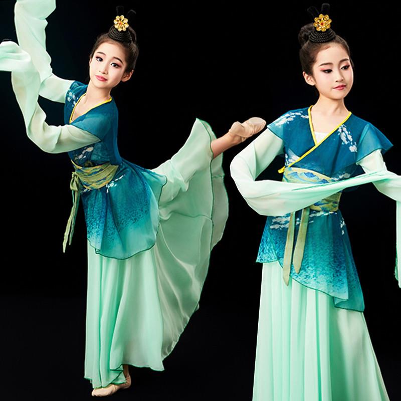 韩式行且吟春雨水袖玉人舞古典舞踏春儿童飘逸演出服甩袖采薇舞蹈