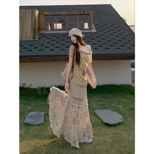 甜美纯欲风斜肩上衣民族风半身裙两件套女 夏日出游氛围感穿搭套装