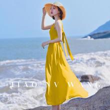 黄色沙滩裙女夏海边度假雪纺无袖吊带连衣裙性感露背气质超仙长裙