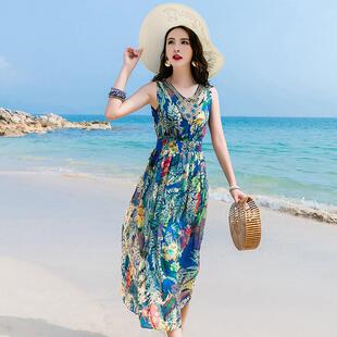 超仙三亚海边波西米亚夏日度假风连衣裙真丝碎花长裙 沙滩裙女夏季