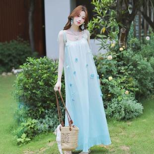 2025巨好看蓝色吊带连衣裙超仙女海边度假沙滩长裙夏日绝美小裙子