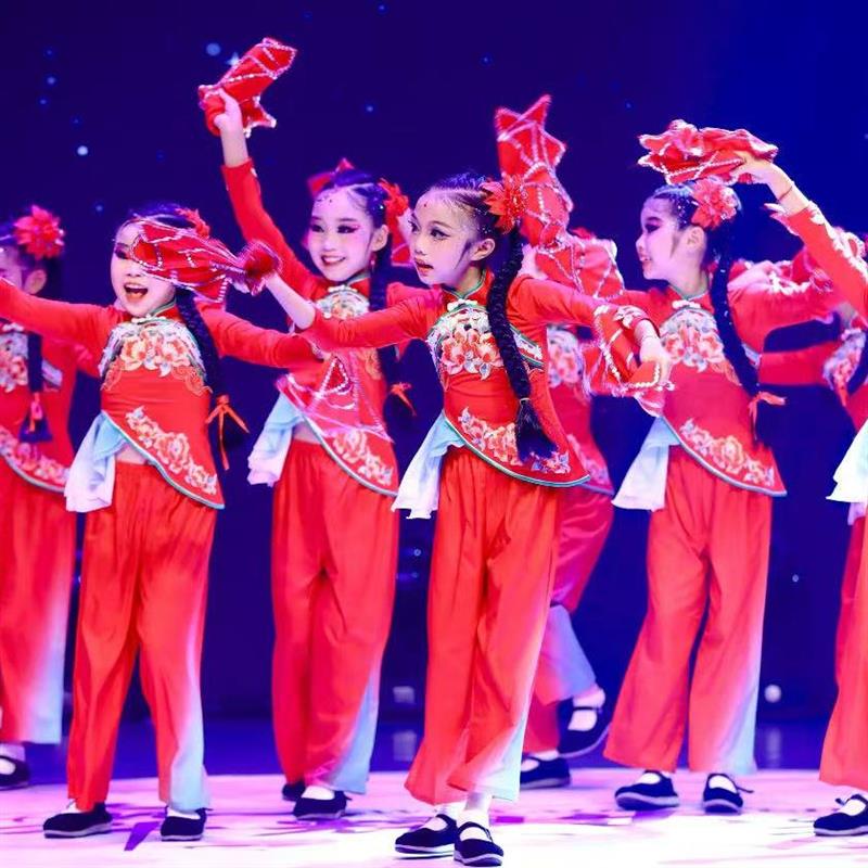 韩式新款秧歌表演服喜庆红色腰鼓服舞中国儿童少儿扇子舞手绢舞演