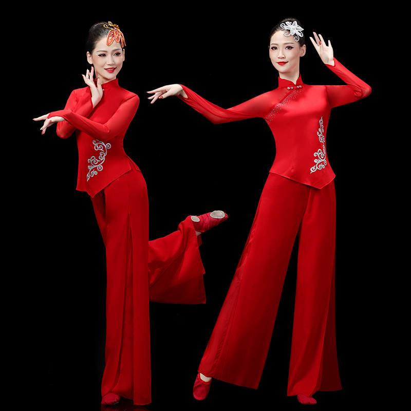 韩式胶州秧歌舞蹈女红色中国腰鼓套装服古典舞扇子演出服服风九儿