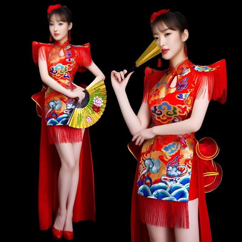 韩式新款服装打鼓中国风舞蹈表演腰鼓水鼓演出服成人开场旗袍女舞