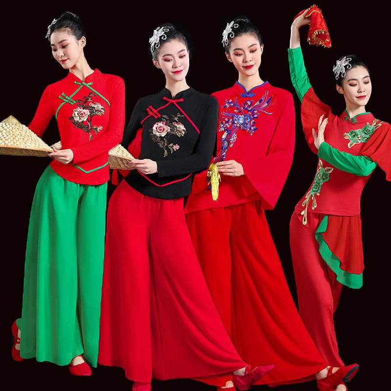 韩式广场舞扇子舞秧歌服装弹力牛奶丝弹力莫代尔斗笠舞手绢长袖舞