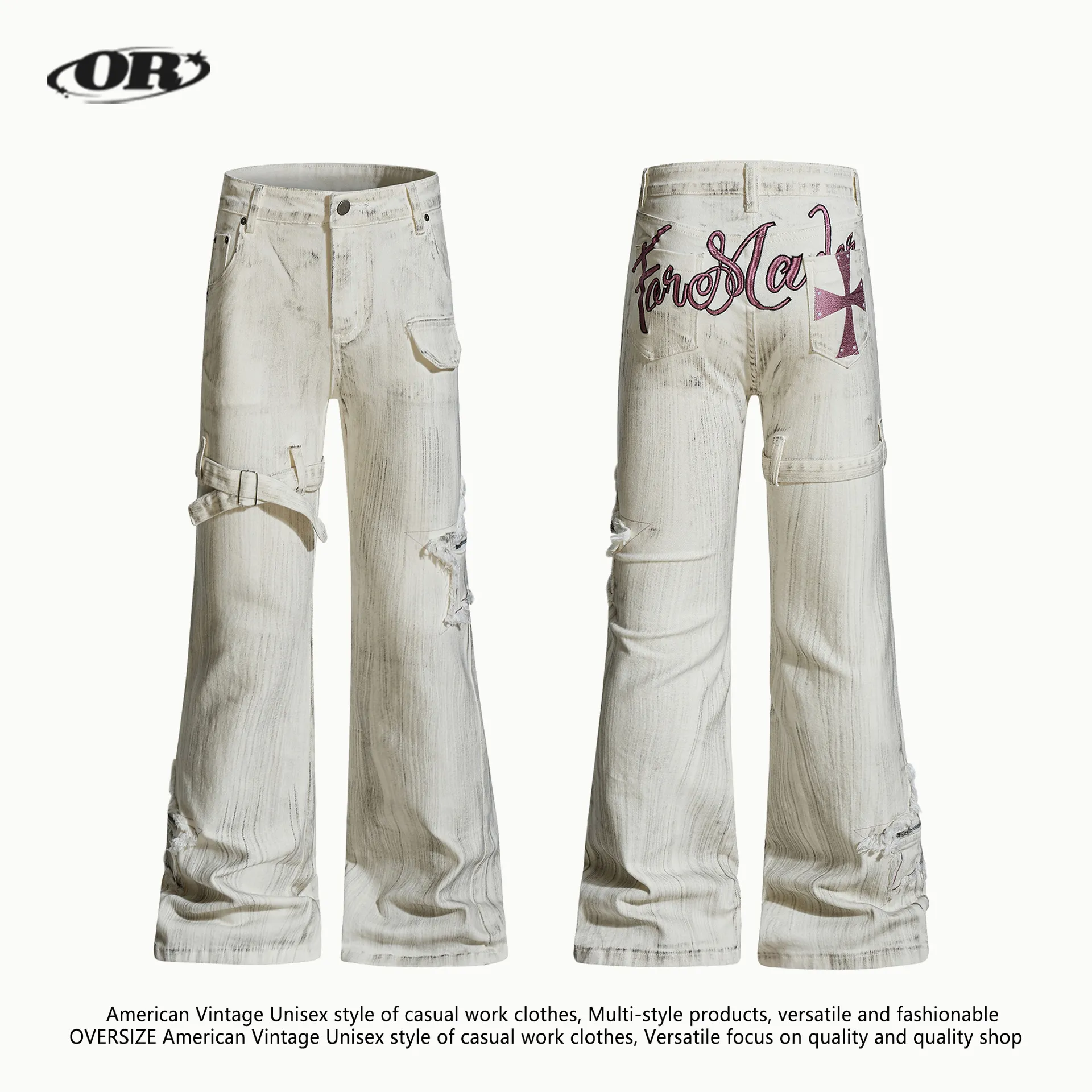 OREETA丨脏染做旧微喇叭牛仔裤男女潮牌高街绑带字母刺绣街头长裤