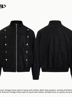 OREETA美式复古黑色机车夹克男女潮牌高街金属铆钉装饰设计感外套