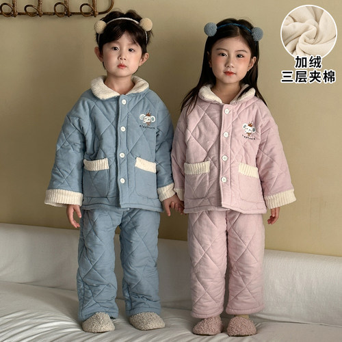 男女童加厚加绒三层夹棉睡衣