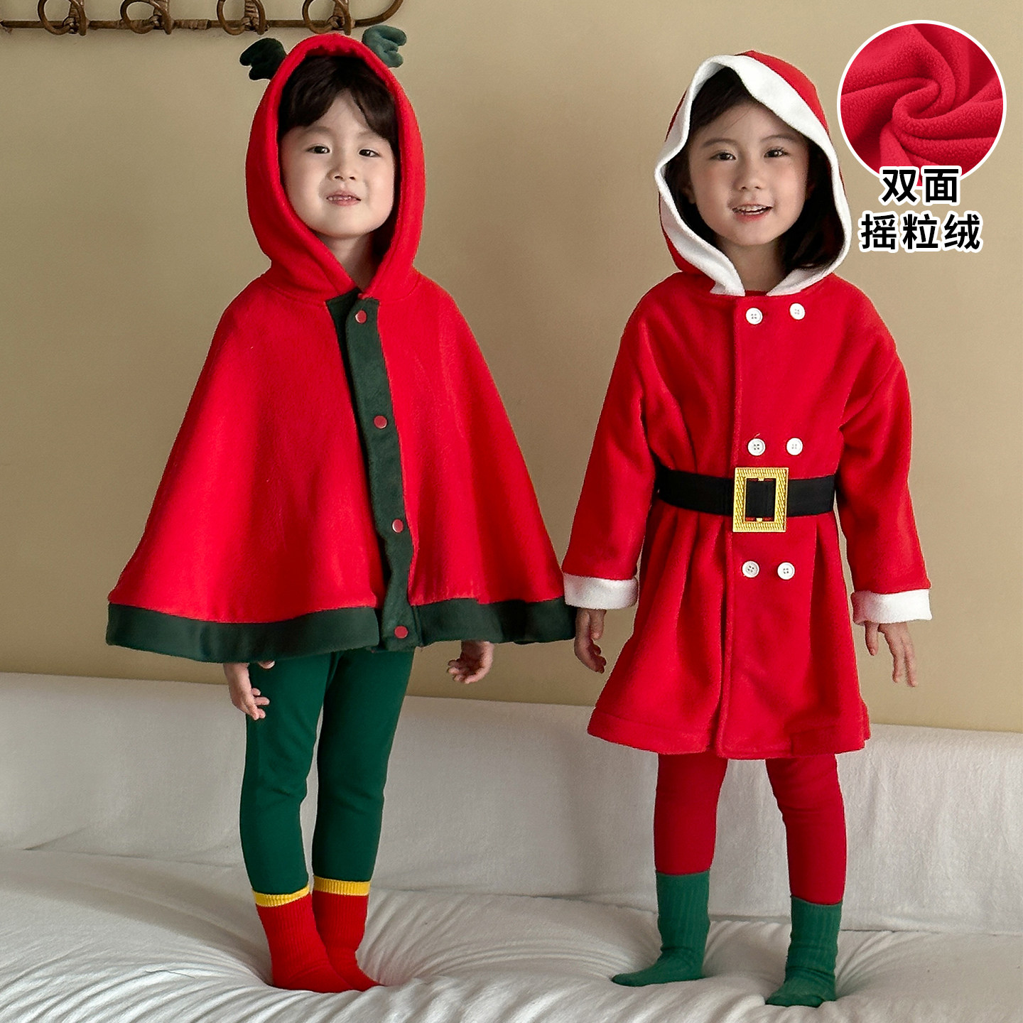 男女童加绒连帽圣诞节连衣裙