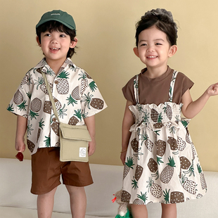 儿童夏季兄妹套装男童花衬衫2026新款宝宝洋气女童背心吊带连衣裙