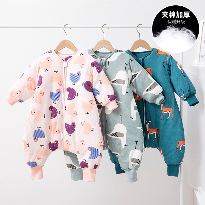 儿童连体睡衣三层夹棉防踢女童秋冬季加厚纯棉男童家居服宝宝睡袋