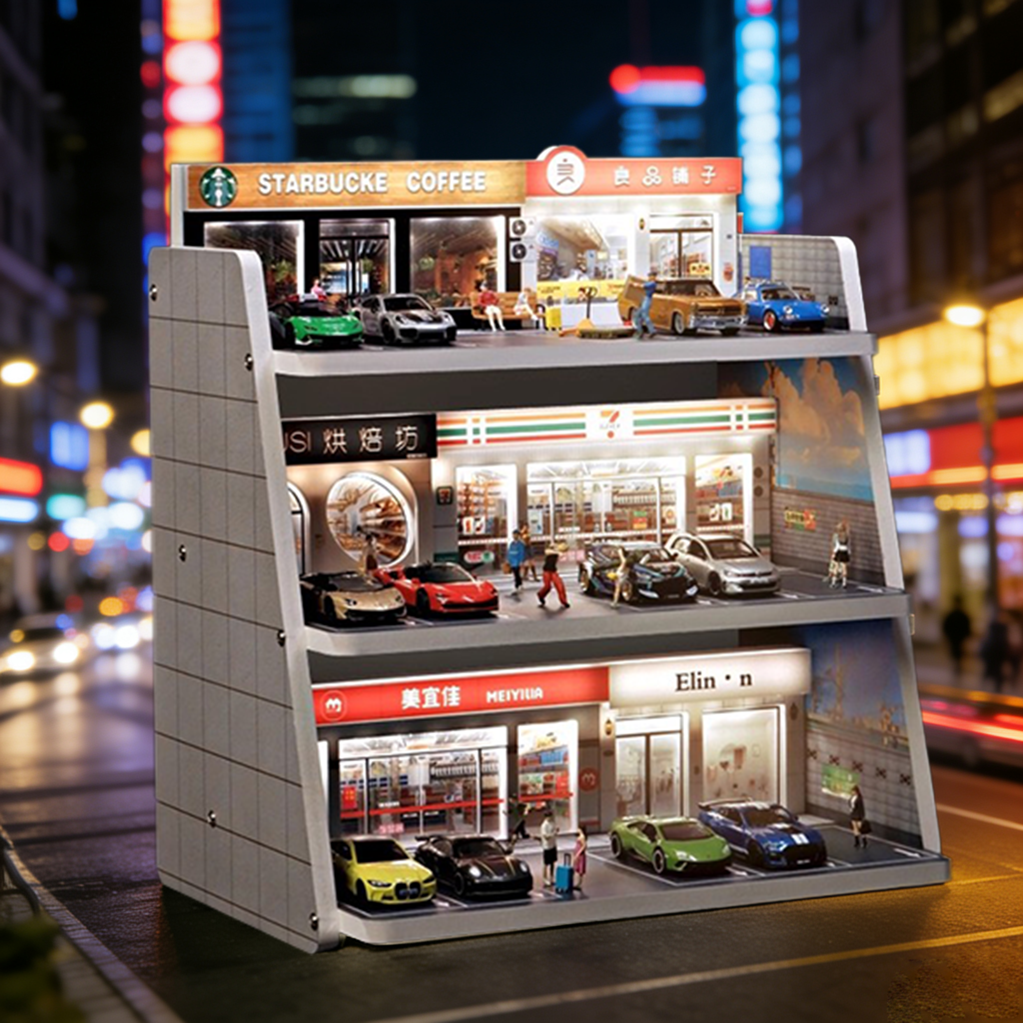 164仿真三层街景场景停车场