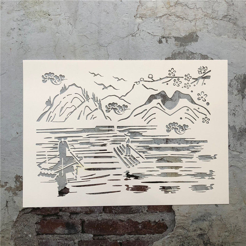 古风山水 湖上船家画diy镂空模板手绘墙绘硅藻泥真石漆涂鸦遮蔽板