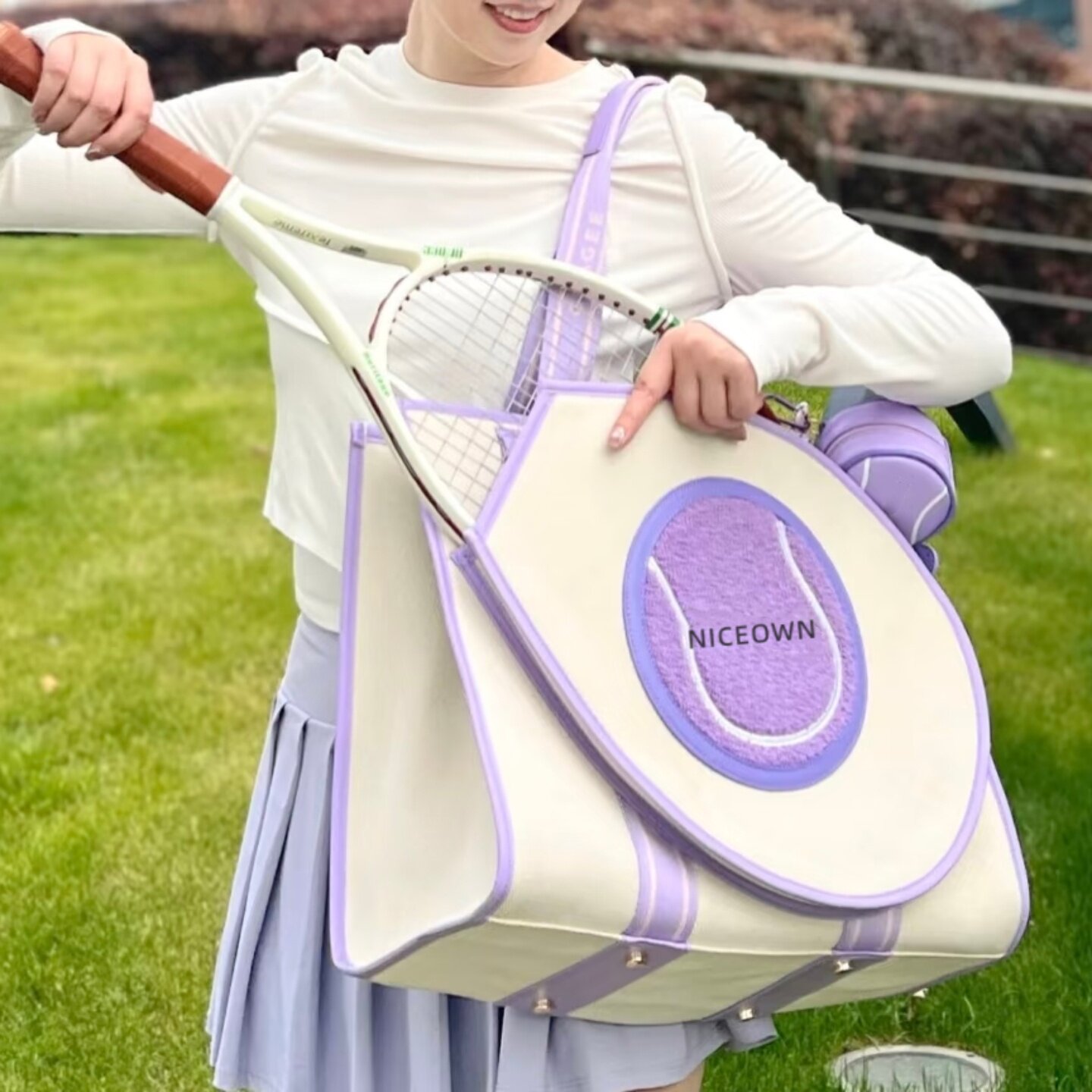 高颜值斜挎网球包女士紫色刺绣背包大容量羽毛球包运动单肩包挎包