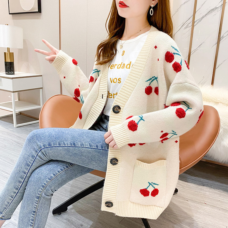 网红韩版小清新樱桃提花开衫2020秋冬新款韩版长袖慵懒风毛衣外套