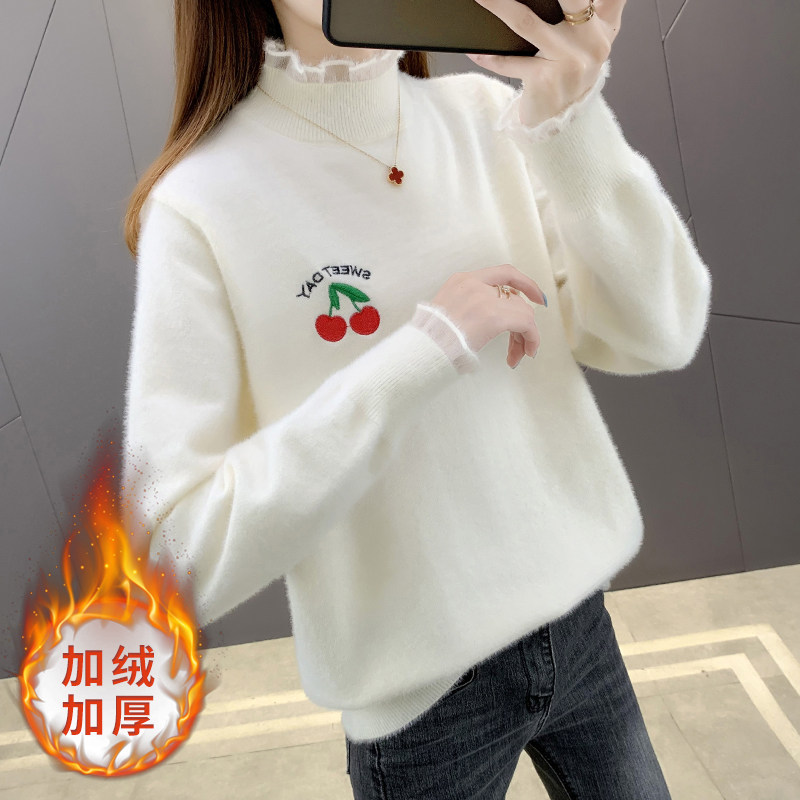 甜美仿貂绒樱桃刺绣毛衣女2020新款韩版秋冬女装半高领蕾丝拼接潮