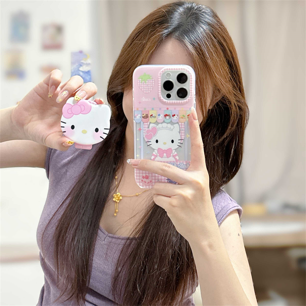宏界 少女心粉色格纹草莓Kitty猫磁吸壳适用苹果16promax手机壳iphone15pro新款13硅胶16女款14pro防摔保护套