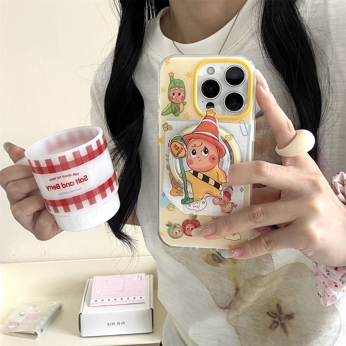 宏界 潮酷可爱星星人便签纸旋转磁吸支架适用苹果16promax手机壳iphone15新款13硅胶16女款14pro防摔保护套