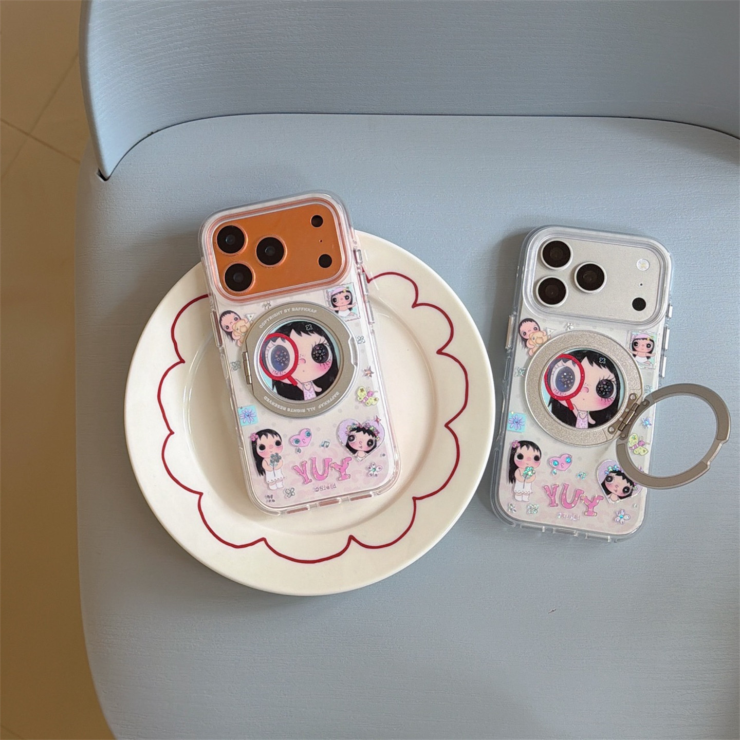 宏界 治愈系放大镜女孩360支架适用苹果17ProMax手机壳iphone15新款16pro硅胶17pro女款15promax防摔保护套
