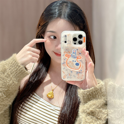 宏界 可爱涂鸦撞色线条小狗摇摇乐支架适用苹果17ProMax手机壳iphone15新款16pro硅胶13女款14pro防摔保护套