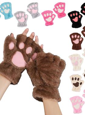 1pair Women Girls Winter Half Finger Gloves Cat Paw Warm Plu