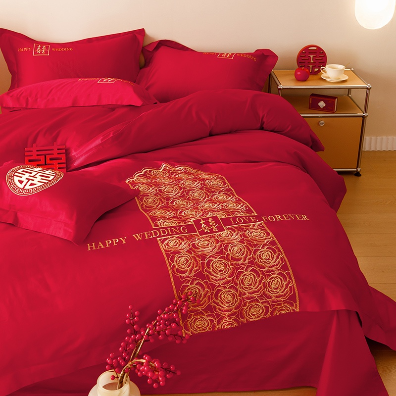 红色婚庆四件套新房备婚结婚床上用品喜被婚房被套床单床笠款