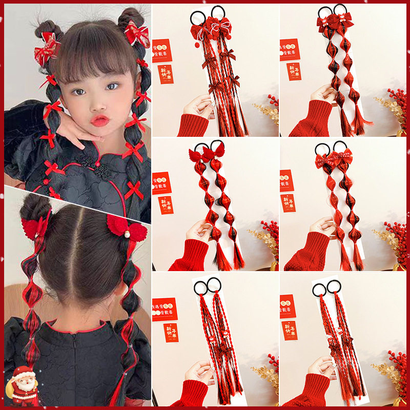 新年红色蝴蝶结假发辫头饰儿童甜美麻花辫发绳过年喜庆泡泡辫发饰