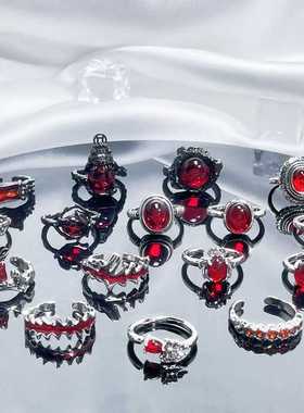 暗黑风个性潮酷红色宝 石开口戒指女冷淡风气质精致时尚百搭指环