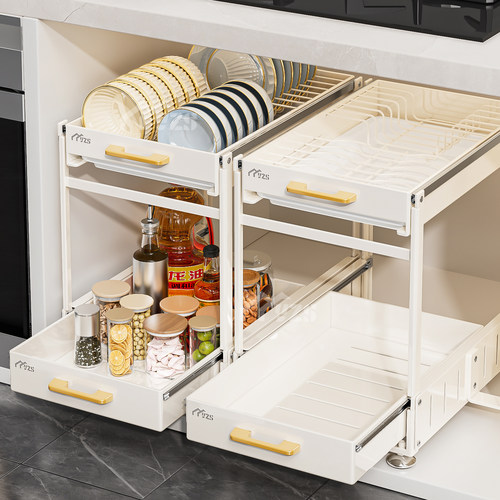 抽拉置物架厨房调料橱柜拉篮下水槽分层架子抽屉式多功能收纳神器