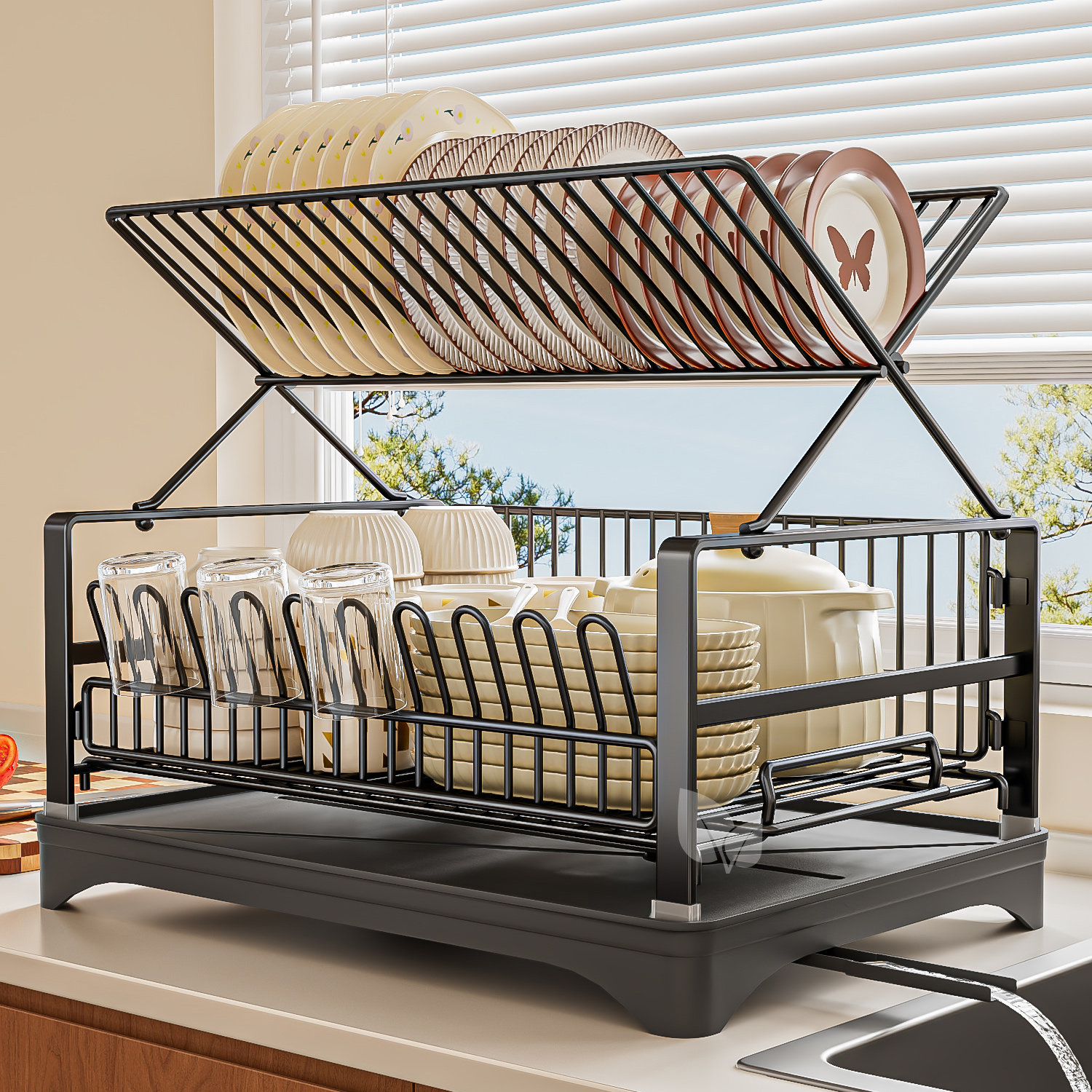 【交叉设计】厨房水槽碗碟沥水架台面多功能收纳架卡扣安装置物架