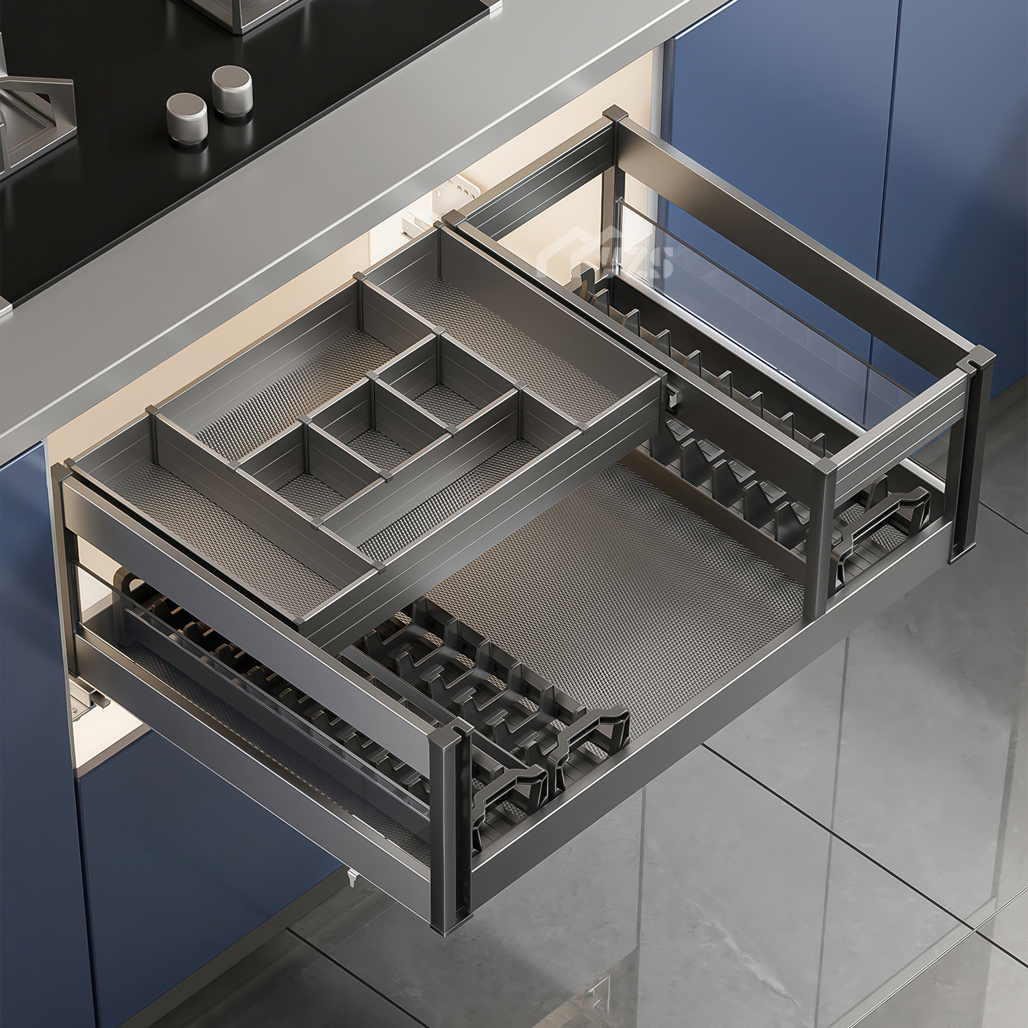 太空铝抽中抽抽屉式碗碟架