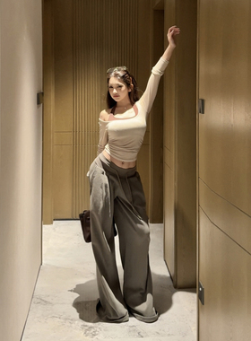 PickRui 睿哥 美式辣妹 军绿色系绳宽松卫裤女宽松休闲阔腿拖地裤