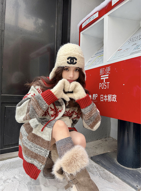 PickRui 睿哥 圣诞红酒 费尔岛毛衣秋冬新款连帽拉链开衫外套女