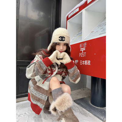 PickRui 睿哥 圣诞红酒 费尔岛毛衣秋冬新款连帽拉链开衫外套女