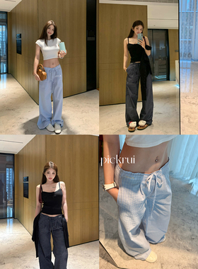 PickRui 睿哥 格纹小调 格纹系带长裤子女2025初秋宽松休闲系带
