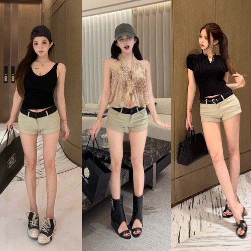 PickRui睿哥 拼色热裤 美式辣妹撞色牛仔短裤女夏新款低腰休闲裤