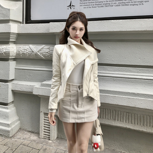 PickRui睿哥 针织拼接羽绒服女冬季 皮衣短外套新款 夹克 白巧恋人