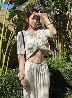 PickRui睿哥 月光圆舞曲早春新款小香风编织短外套女中袖针织开衫