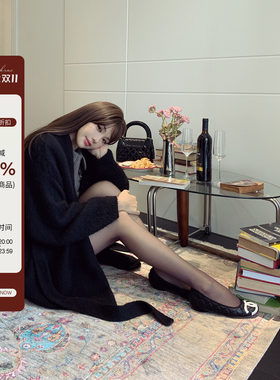 PickRui睿哥 一键出门 黑色系带慵懒毛衣开衫女秋季新款针织外套