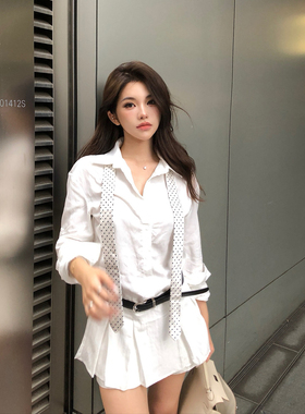 PickRui 睿哥 初恋白色衬衫连衣裙两件套h腰带气质法式夏日超短裙
