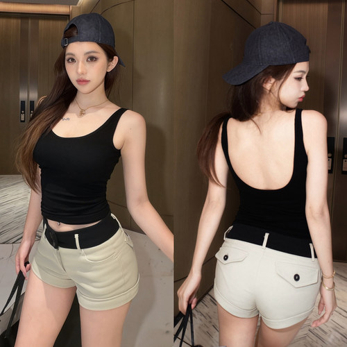 PickRui睿哥 纯色氧气一体无缝吊带背心女夏带胸垫无袖上衣大露背